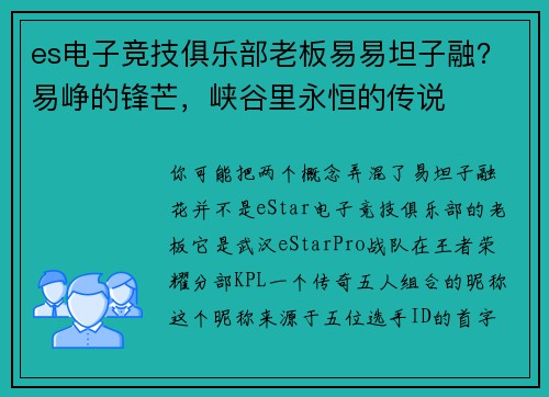es电子竞技俱乐部老板易易坦子融？易峥的锋芒，峡谷里永恒的传说